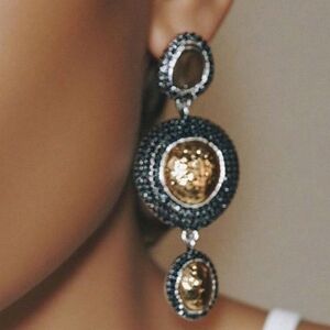 NEW! ZARA Statement Silver and Black Crystals With Gold Drop Post Earrings